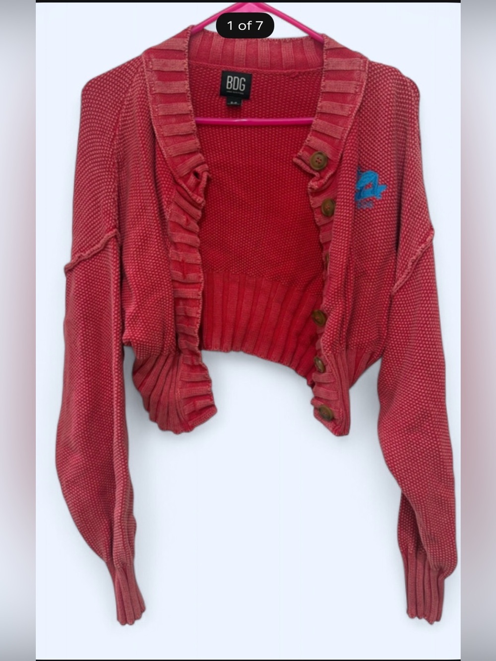BDG Cropped Red Button-Front Cardigan with Blue Accent